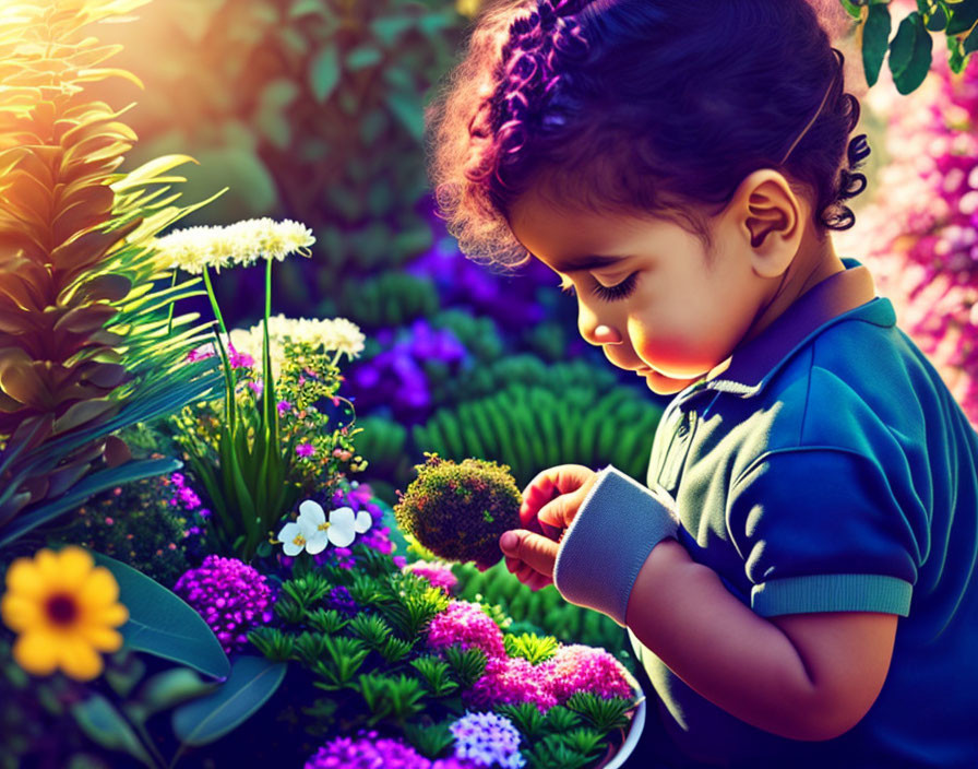 Curious Toddler Exploring Vibrant Flowers in Sunlit Garden