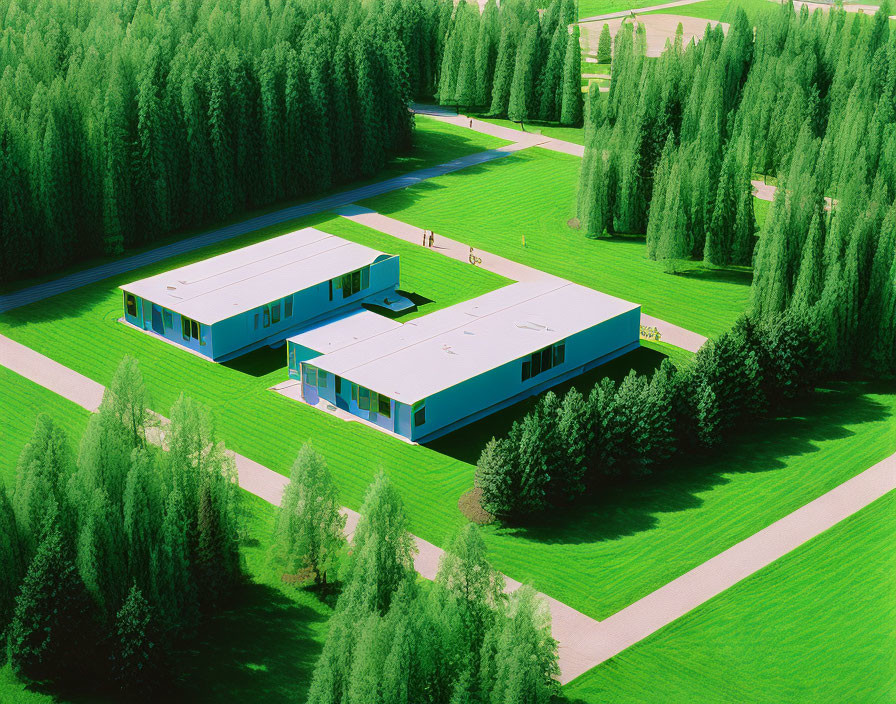 Flat-Roofed Building with Manicured Lawn and Tall Trees in Bright Sunny Setting