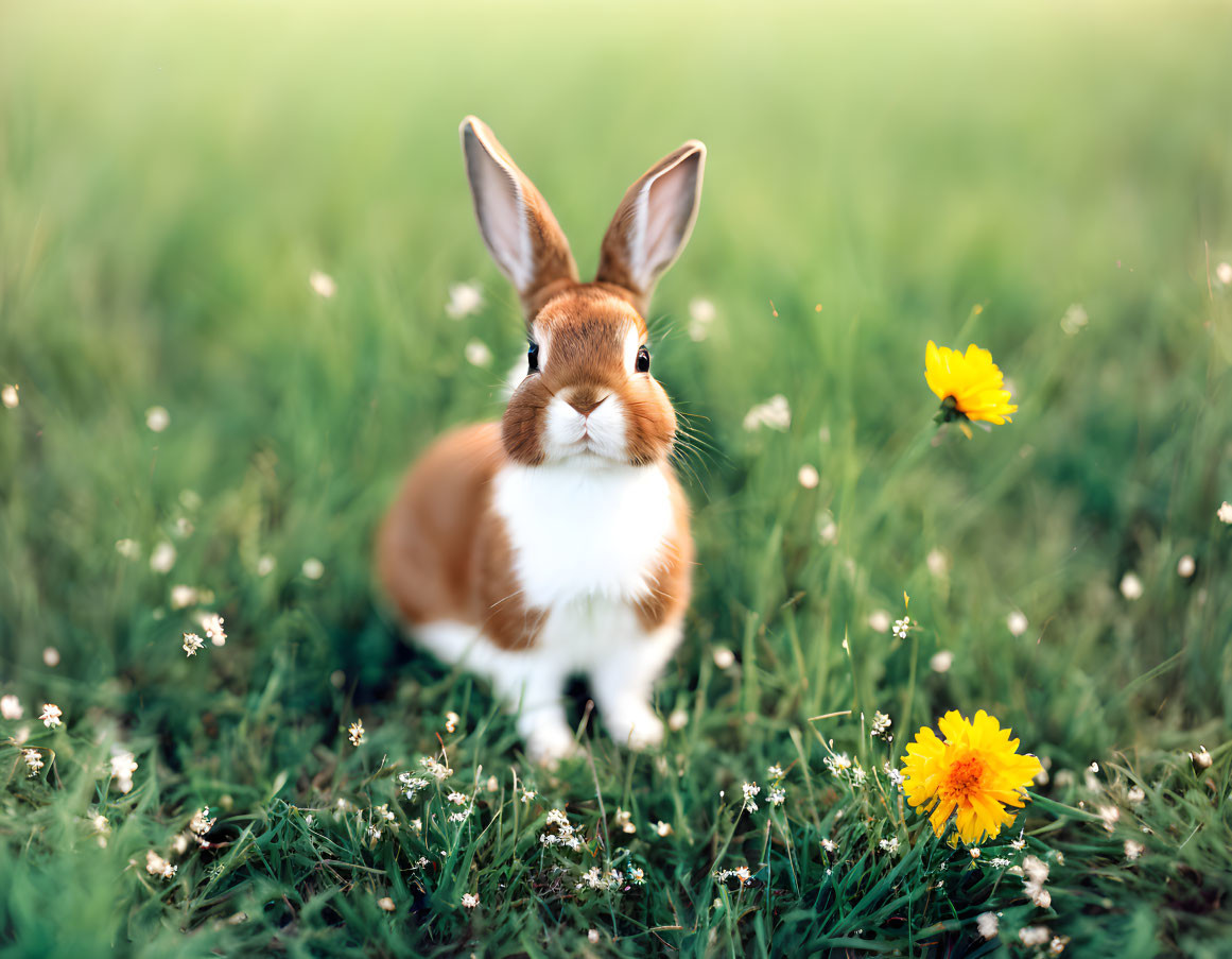 Brown and White Rabbit in Green Field with Dandelions