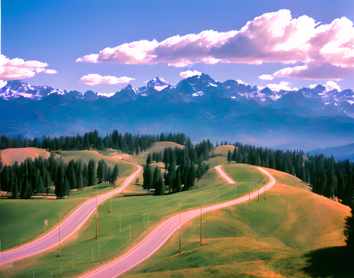 Scenic landscape: winding road, green hills, blue sky, distant mountains