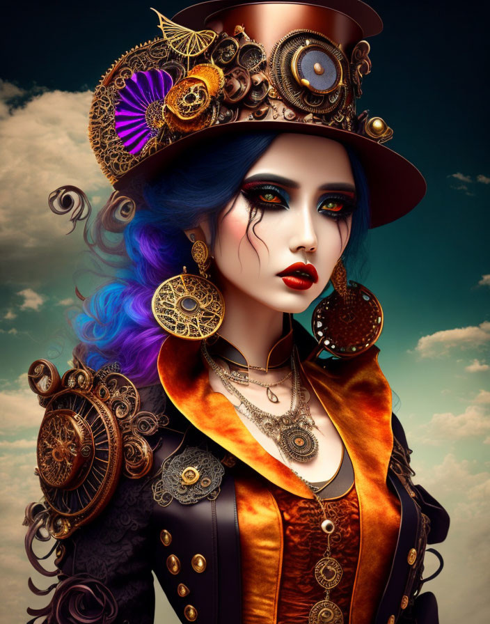 Colorful Hair Woman in Steampunk Attire on Blue Sky