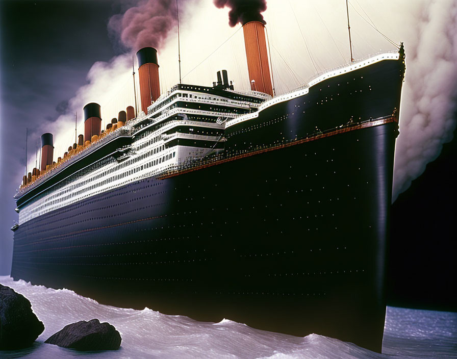 Large Ocean Liner with Four Funnels Sailing at Night Near Rocks