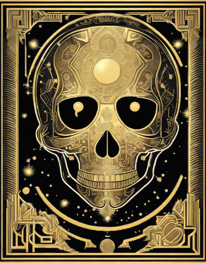 Golden Skull Decorated with Geometric Patterns and Celestial Motifs