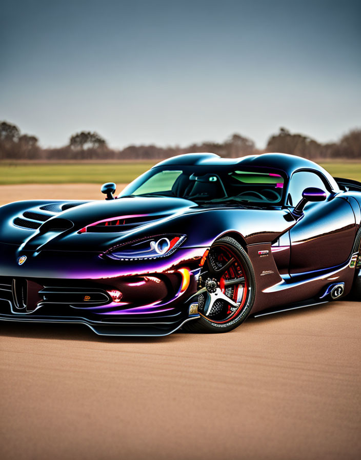 Iridescent Sports Car with Red-Trimmed Wheels Outdoors