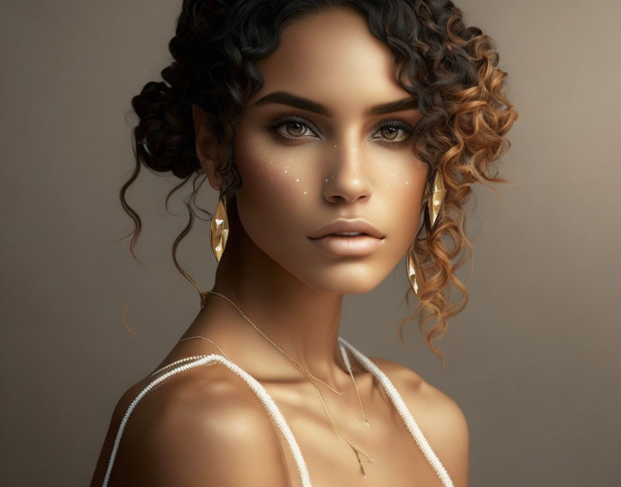 Curly-haired woman with gold earrings and freckles on neutral background.