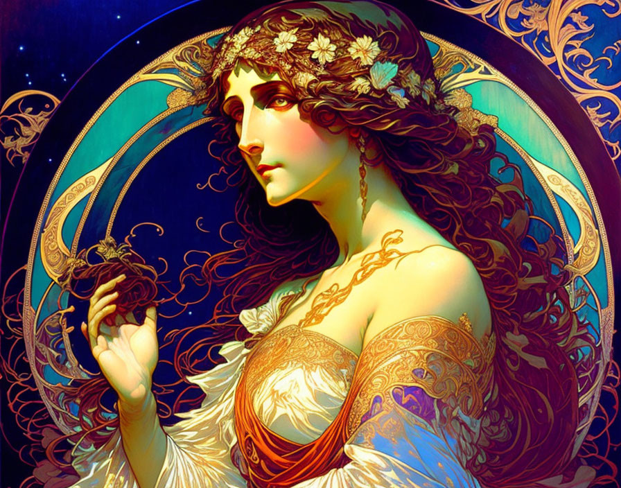 Illustrated woman with flowing hair and floral crown in Art Nouveau style.