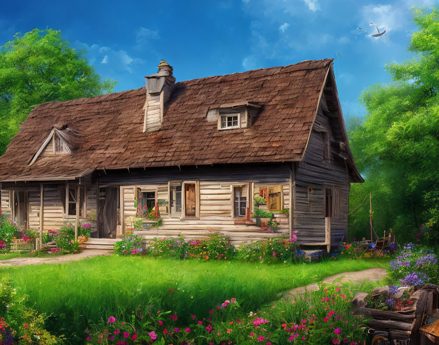 Charming wooden cottage with shingled roof and colorful garden scene