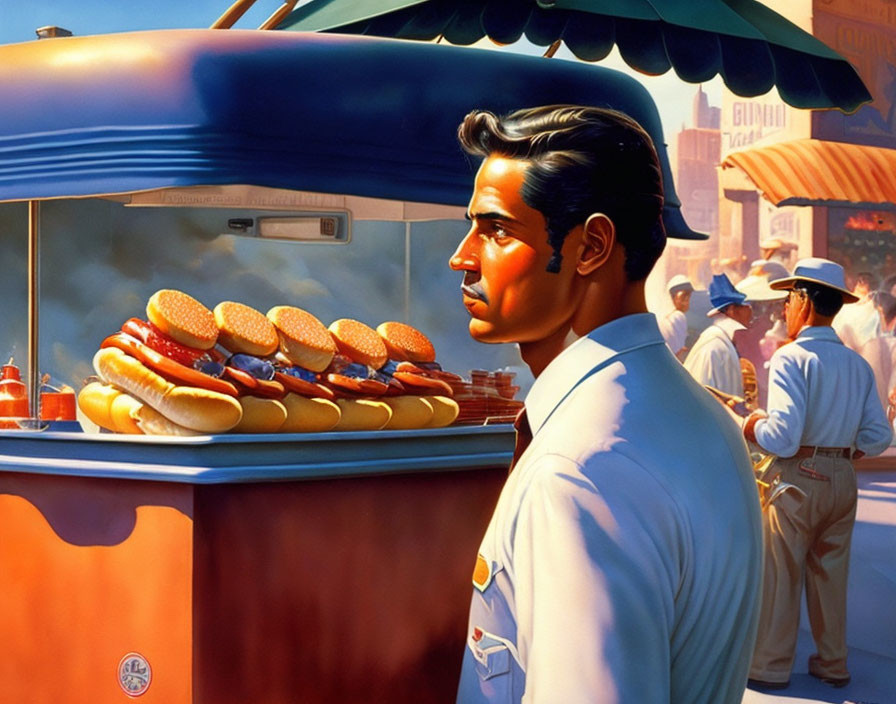 Man gazes away from colorful hot dog stand on sunny day