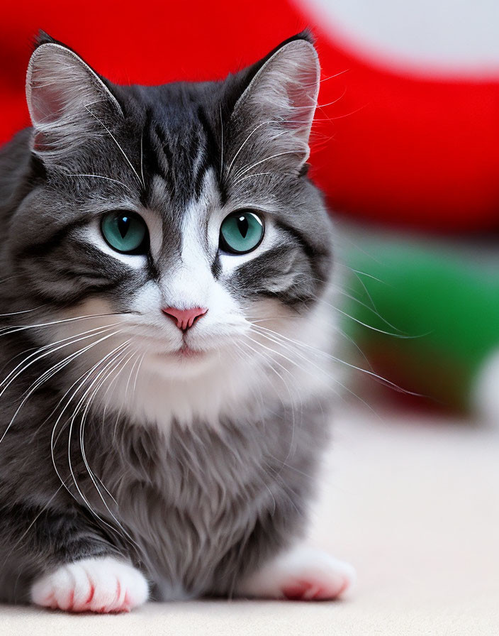 Grey and White Cat with Green Eyes and Pink Nose Lying Down