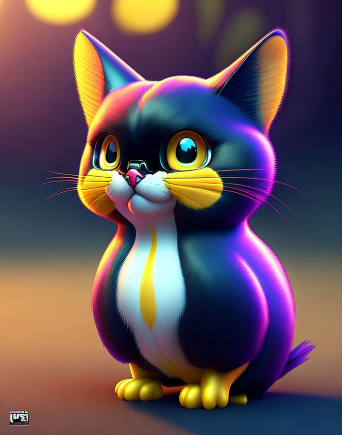 Vibrant Cat Illustration with Large Eyes and Colorful Fur