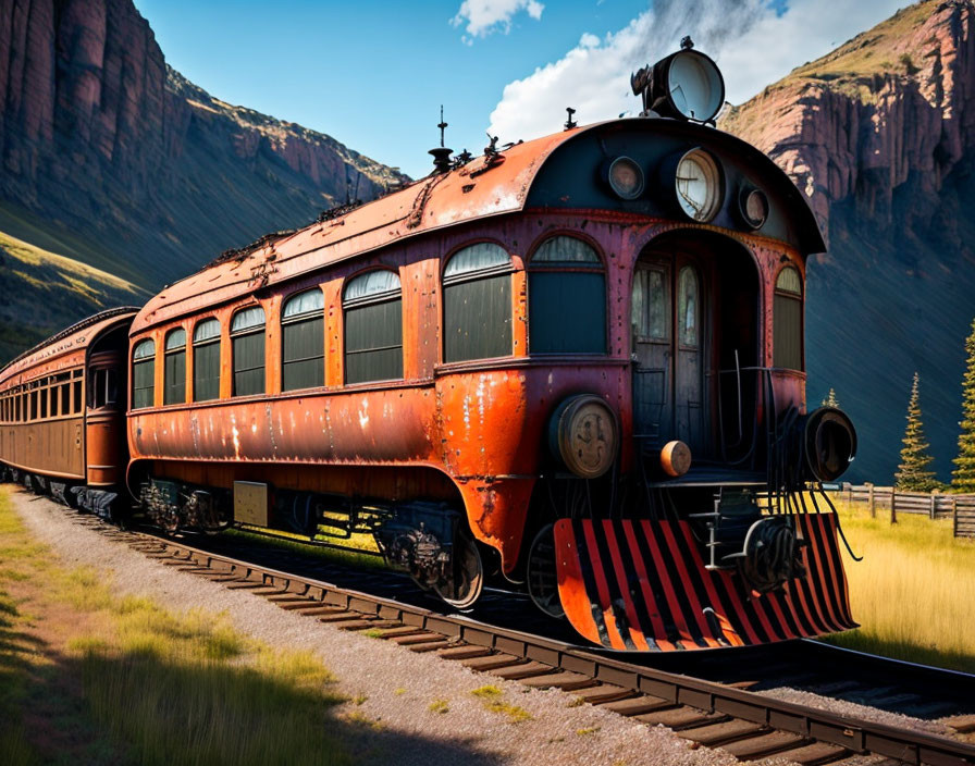 Classic Red Train Traveling Through Scenic Valley with Mountains