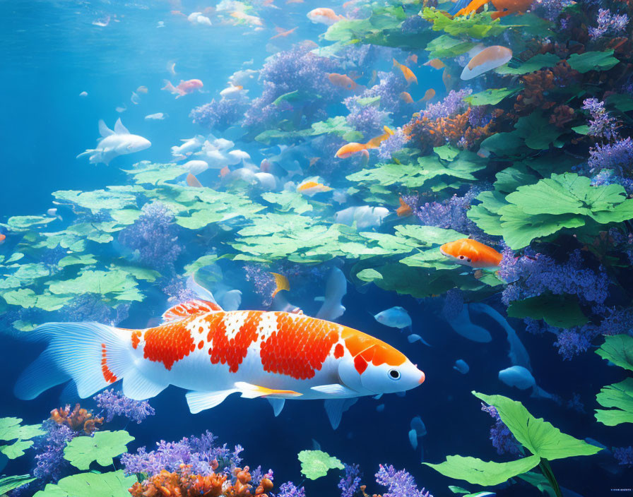 Colorful underwater scene with koi fish, assorted fish, green plants, and purple corals