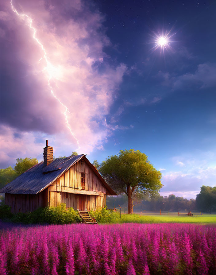 Rustic wooden cabin in vibrant wildflower field under dramatic sky