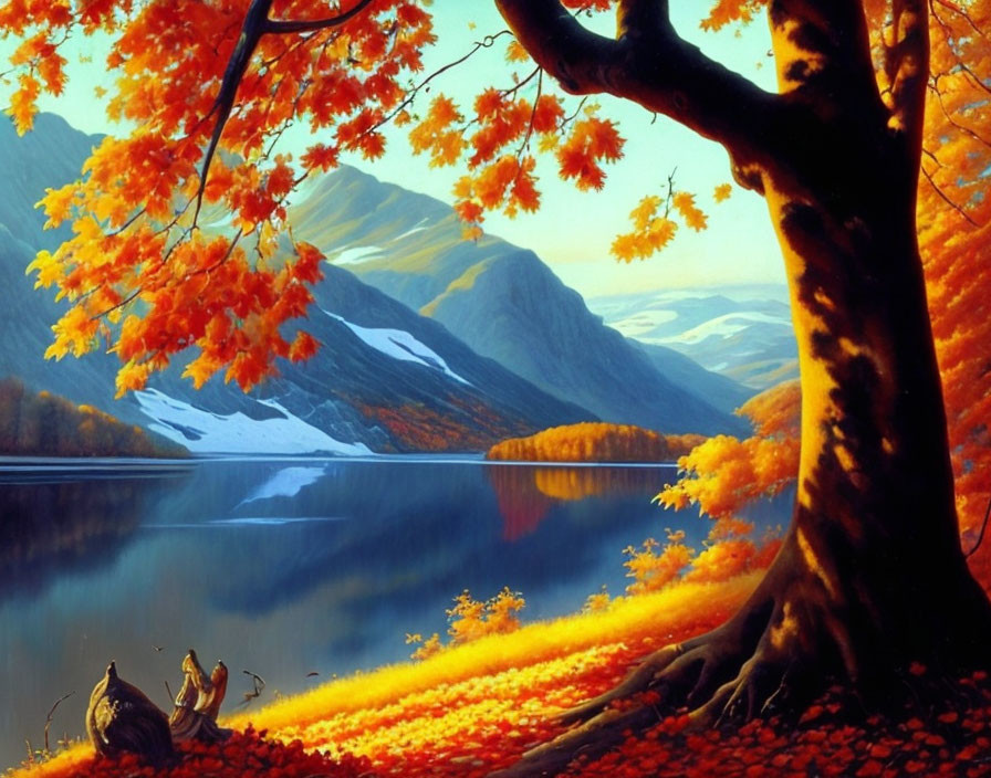 Scenic autumn landscape with orange tree, lake, mountains, and ducks