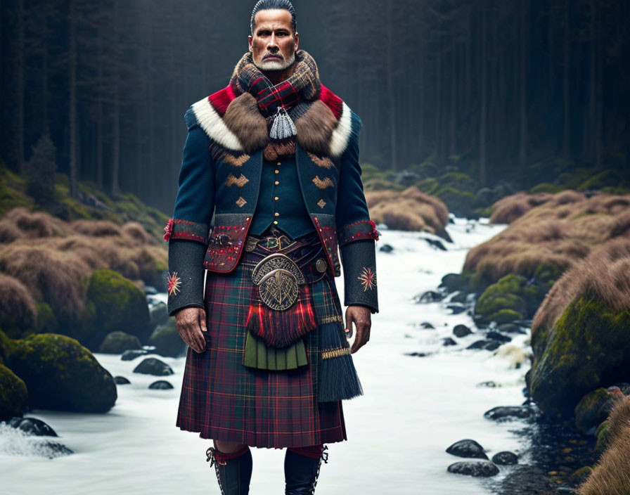 Traditional Scottish Outfit Worn by Person in Misty Forest