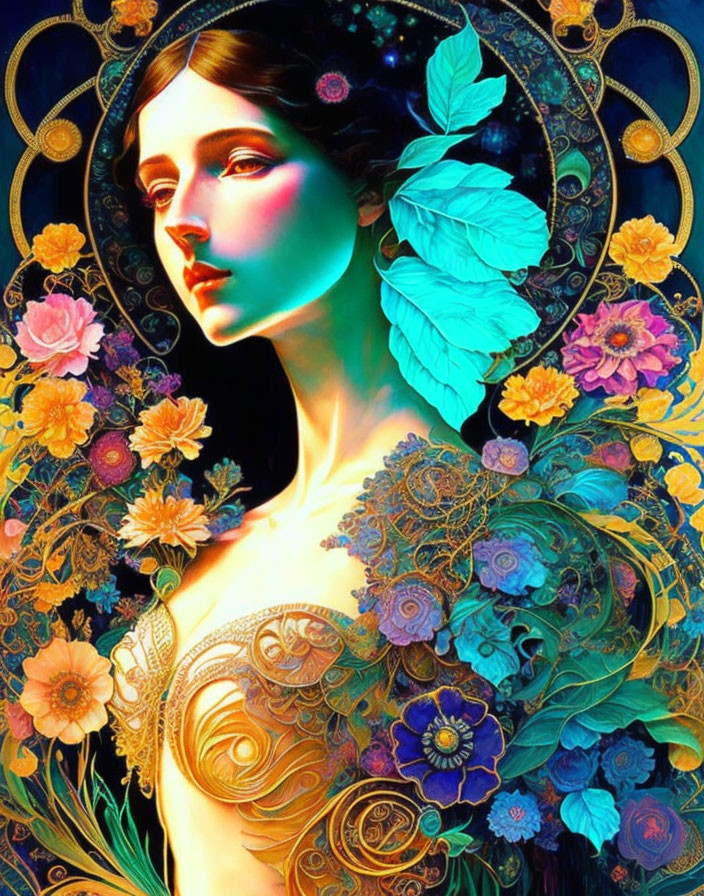 Colorful Artwork Featuring Woman Surrounded by Floral Designs