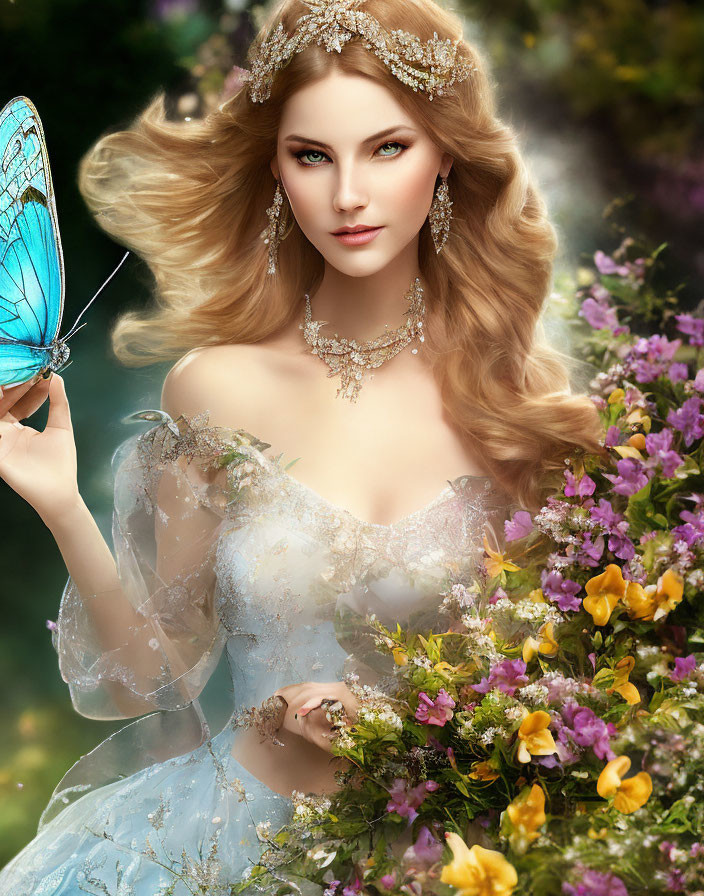 Blonde woman in embellished gown with butterfly and flowers