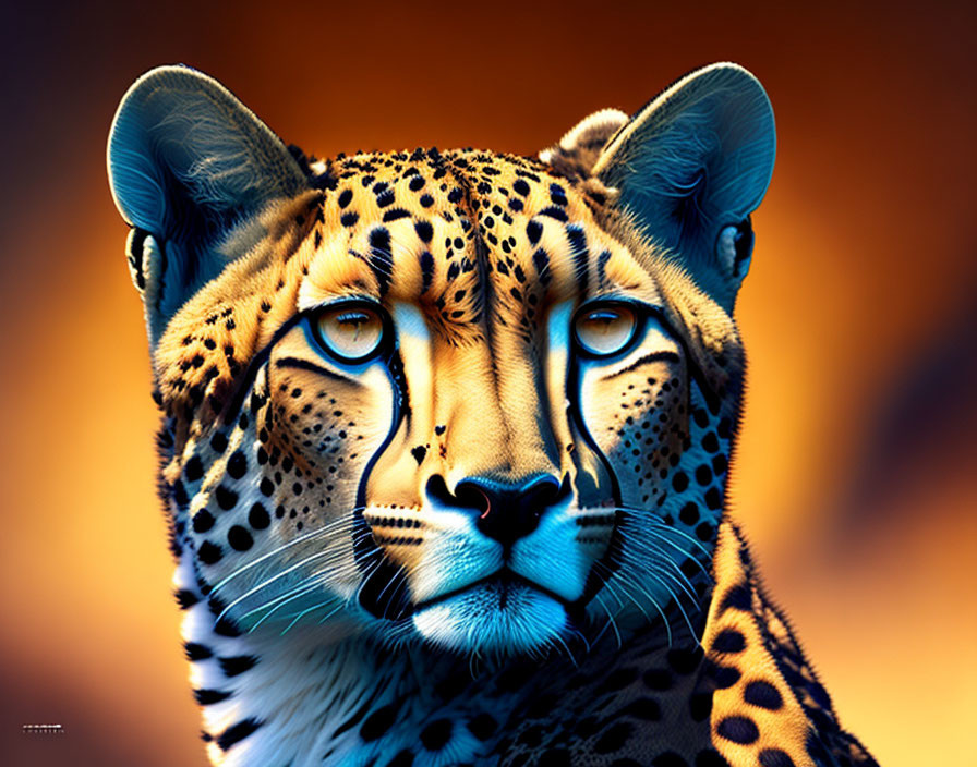 Close-up of Cheetah's Face with Striking Blue Eyes on Amber Background