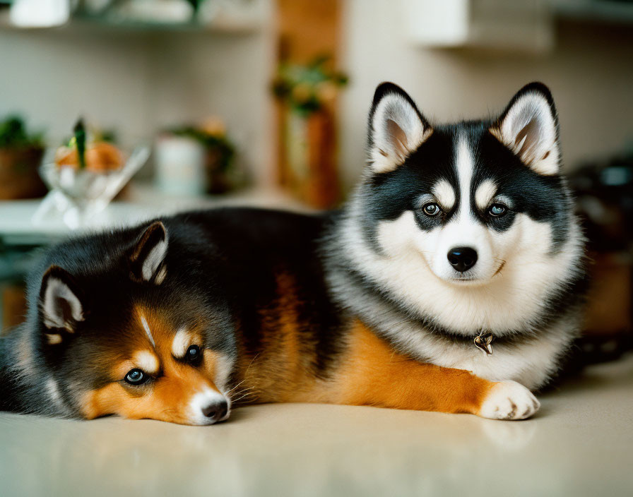 Fluffy Alaskan Klee Kai dogs with blue eyes and tri-color coats