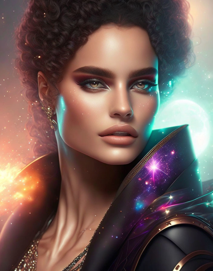 Woman with Curly Hair and Cosmic Makeup in Nebula-themed Illustration