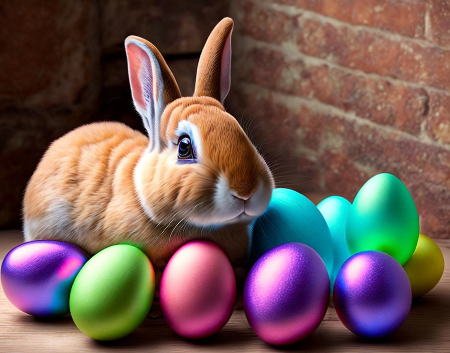 Brown and White Rabbit with Colorful Easter Eggs on Wooden Surface