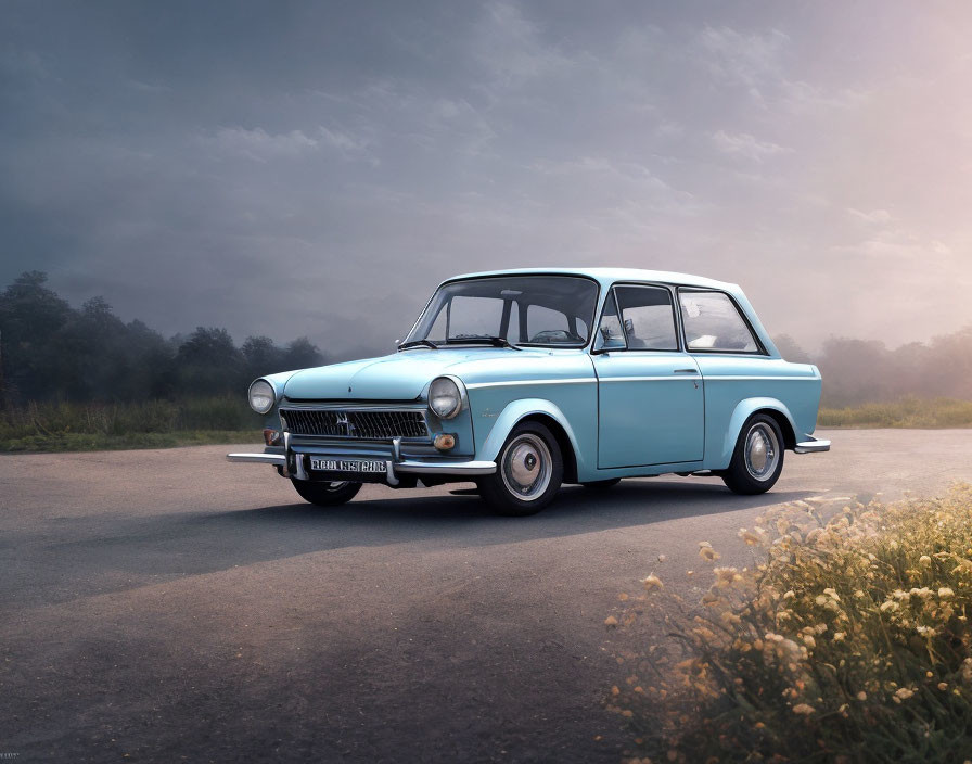 Classic Blue and White Car on Country Road with Misty Background and Wildflowers