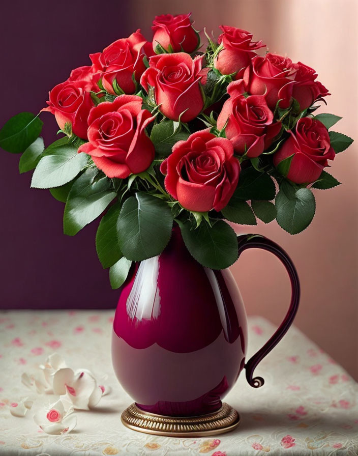 Red Roses Bouquet in Maroon and Gold Vase on Floral Tablecloth