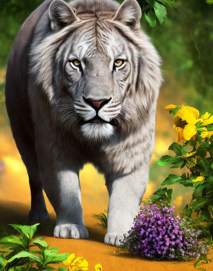 White Tiger Roaming Among Yellow Flowers and Greenery