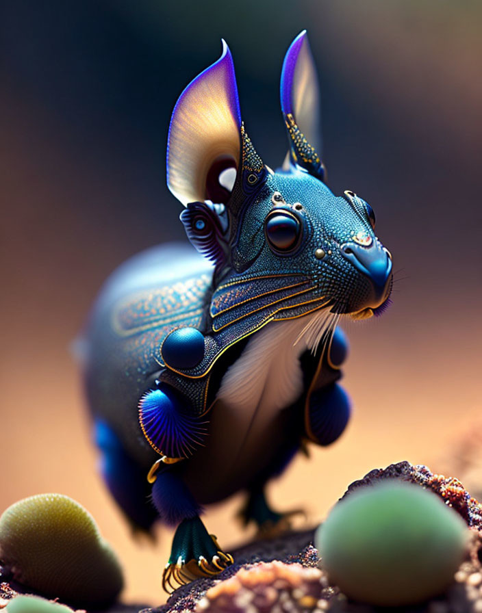 Whimsical digital creature with large ears and vibrant blue and gold hues