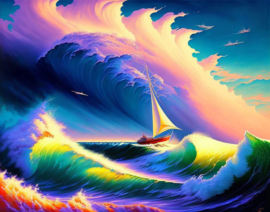 Colorful Digital Artwork: Sailboat on Turbulent Waves, Dynamic Skies