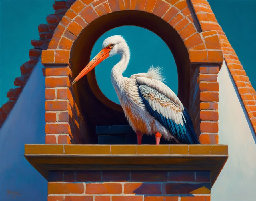 Pelican in Brick Archway Against Blue Sky