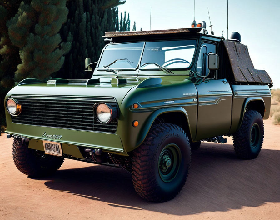 Vintage Matte Green Off-Road Vehicle with Roof Rack and Lights in Desert Setting