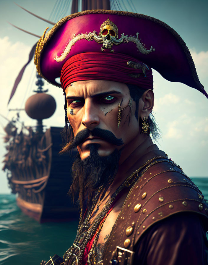 3D rendered pirate with beard, red bandana, purple hat, ship in background