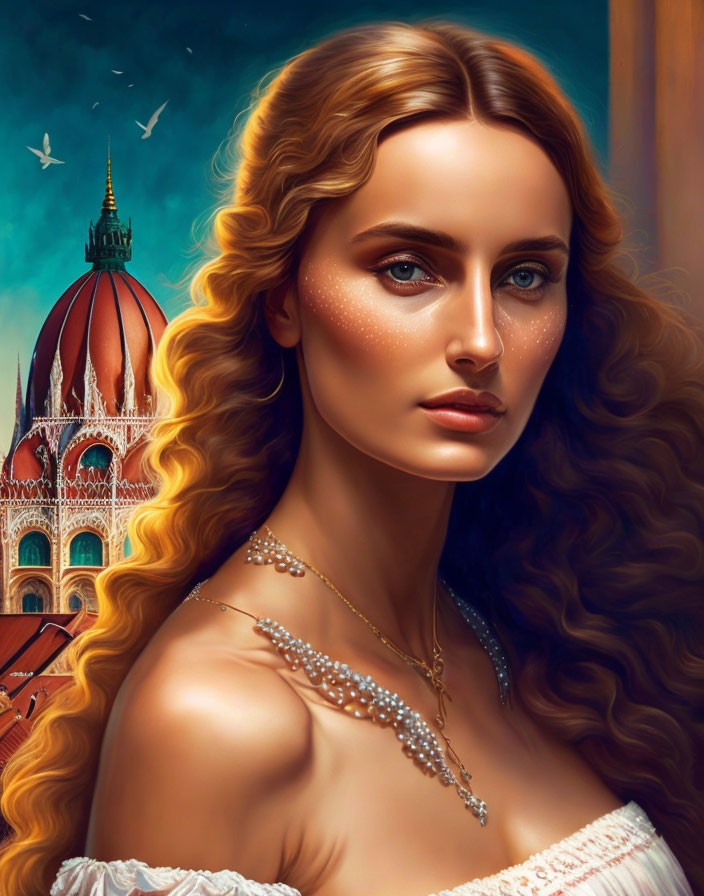 Digital portrait of woman with curly hair and necklace against ornate building backdrop