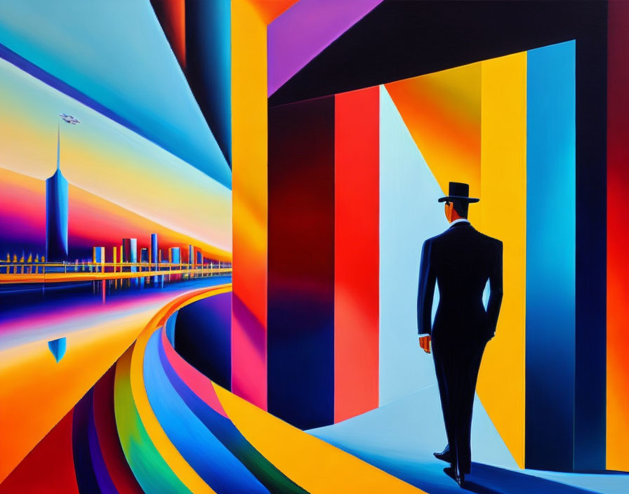 Colorful geometric cityscape with man in suit and hat walking.