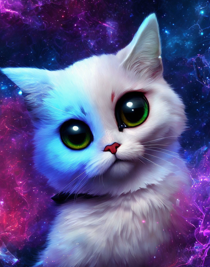 Adorable white cat digital artwork with green eyes and cosmic background