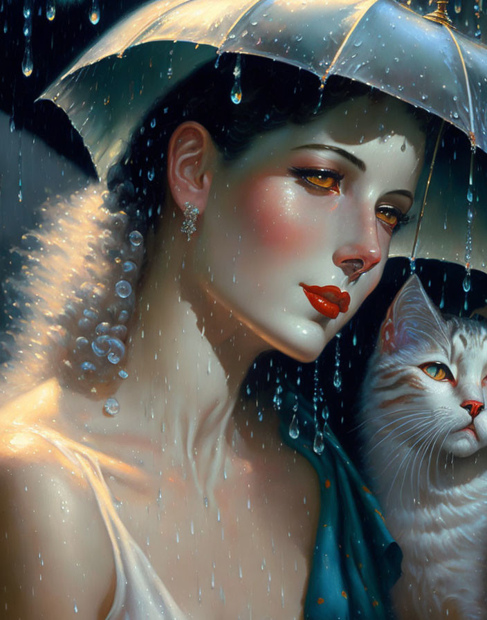 Woman and cat under umbrella in rain on dark background