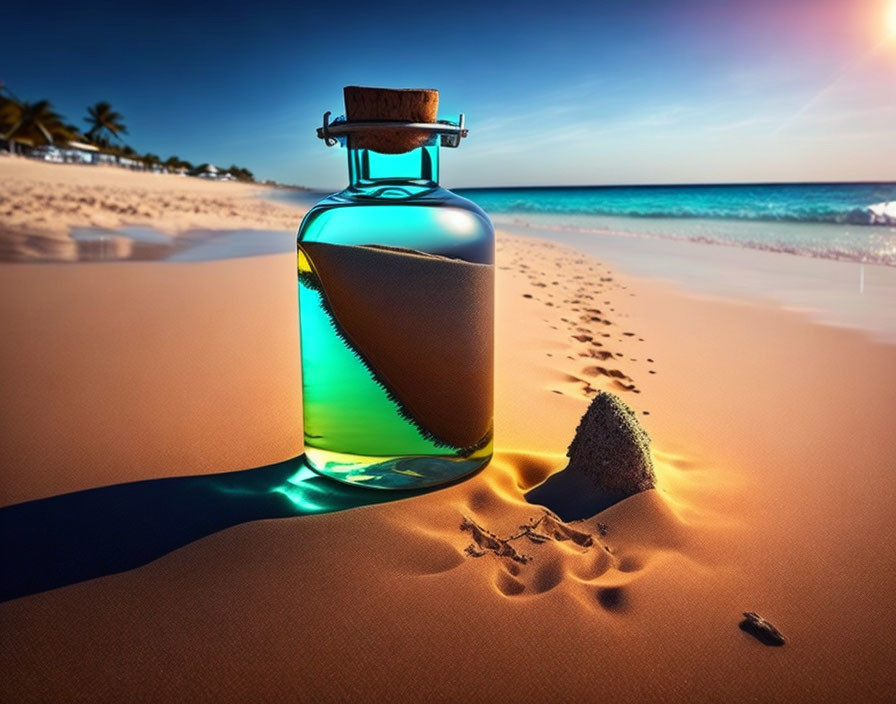 Colorful liquid-filled glass bottle casting shadow on sandy beach at sunset