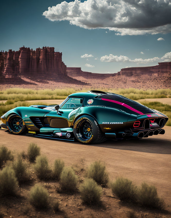 Turquoise and Black Racing Stripes Sports Car on Desert Road