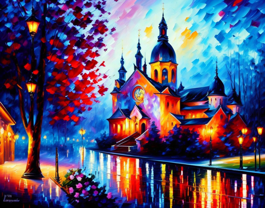 Colorful painting of church at dusk with illuminated street lamps and vibrant autumn trees