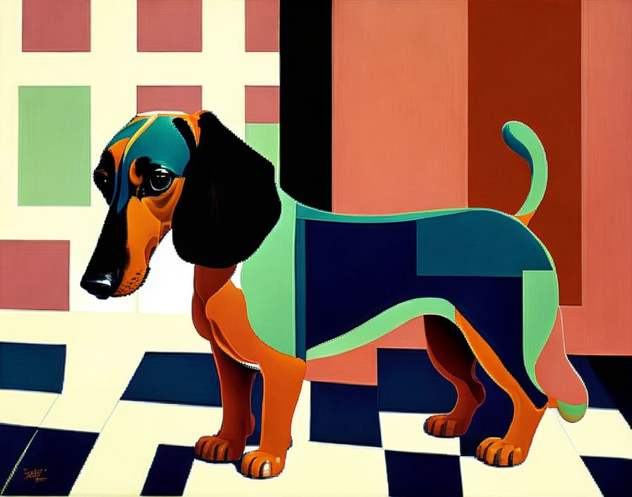 Colorful Stylized Cartoon Dachshund with Geometric Patterns on Abstract Background