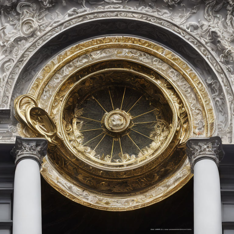 Baroque Architecture with Golden Circular Ornament and White Stucco Design