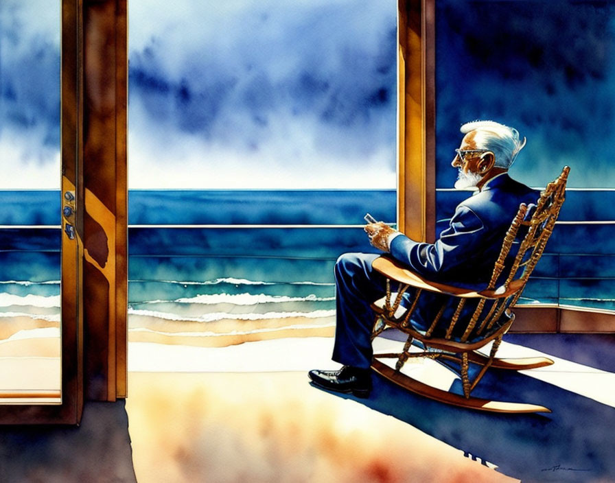 Elderly man in rocking chair by open sea-facing door, serene blue tone.