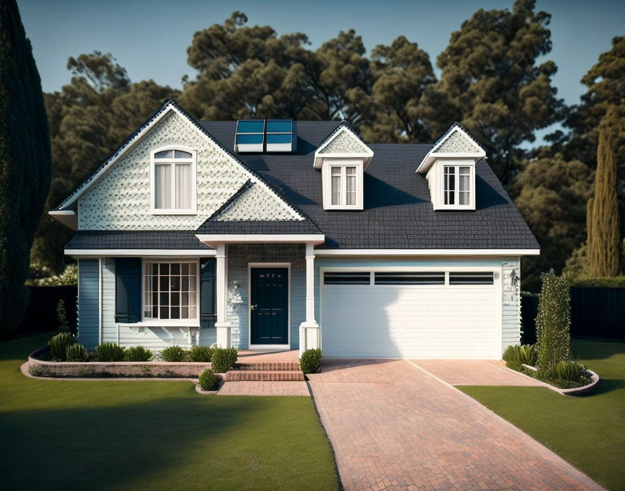 Two-story house with garage, lawn, trees, and solar panels at dusk