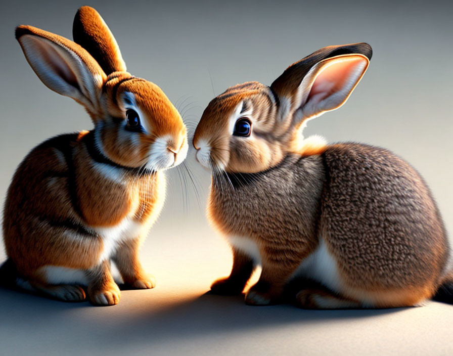 Photorealistic animated rabbits touching noses on muted background