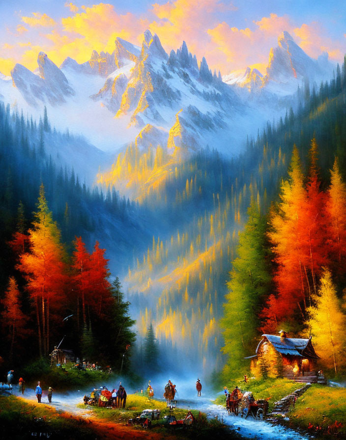 Autumn mountain landscape with cabin, lake, and horse-drawn carriages