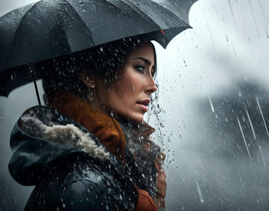 Woman under umbrella in rain with contemplative expression and raindrops around her