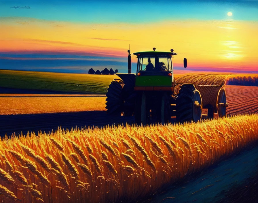 Tractor fertilizing field at sunset with vibrant colors and golden wheat.