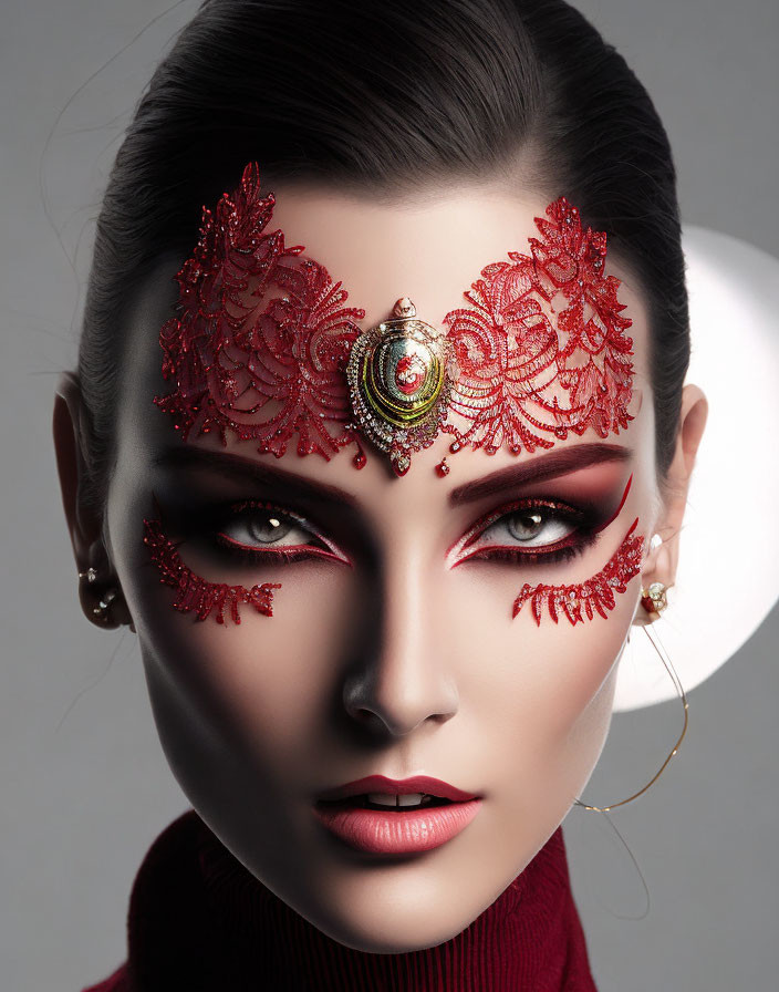 Woman with Red and Gold Makeup and Avant-Garde Style