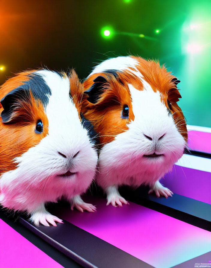 Two guinea pigs with white, brown, and orange fur on a striped surface with colorful bokeh